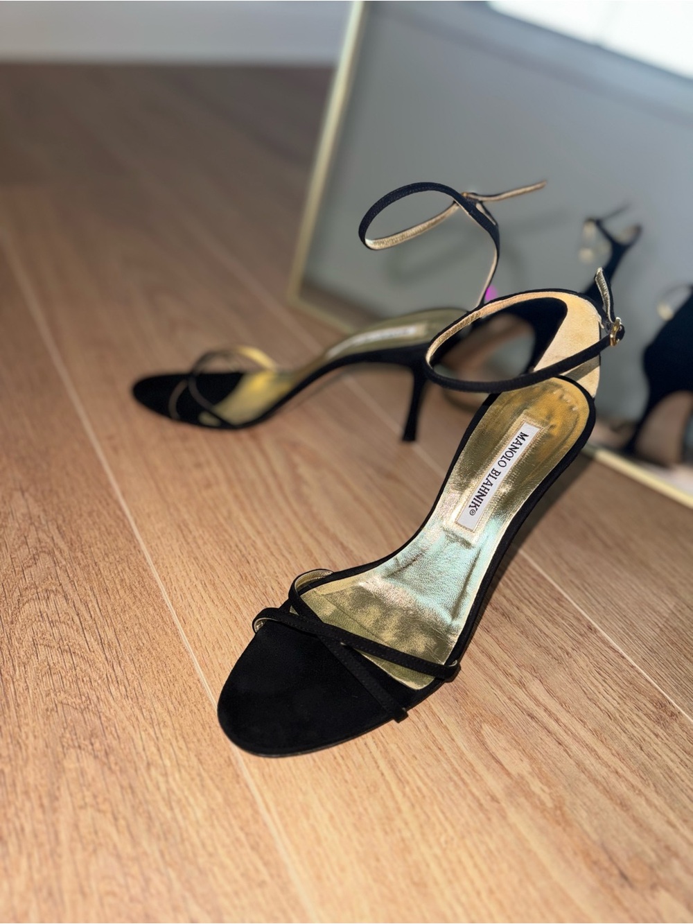 Manolo Blahnik Black Suede Strappy Ankle-Heel Sandals